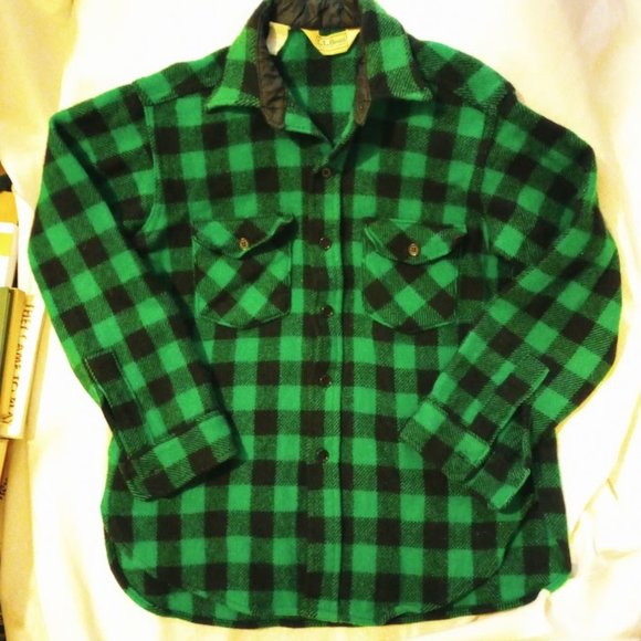 Vintage L.L. Bean green buffalo plaid wool flannel shirt USA sz 16-16.5 - Picture 1 of 7